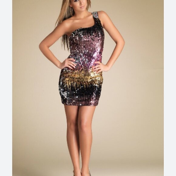 EMOTION Design Sequin One Shoulder Sparkle Gem Mini Cocktail Dress Size Medium - Picture 1 of 16